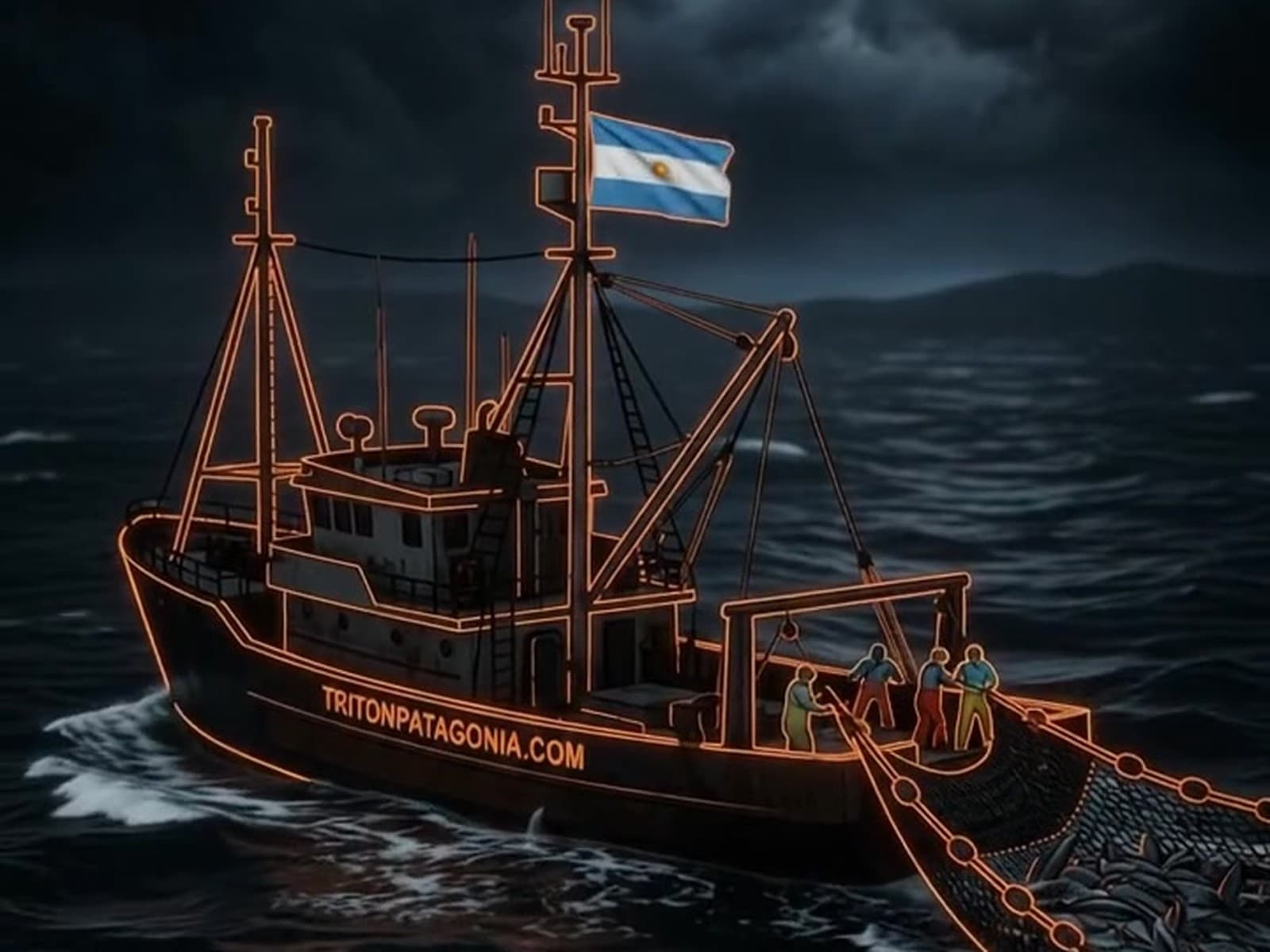 One of the fleet's vessels hauling the trawl net on the open sea