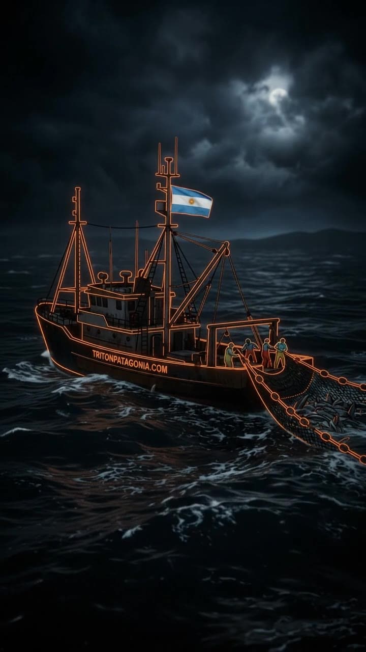 Animation of a fleet vessel working at night, flying the Argentine flag with the net being hauled